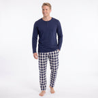 Pyjamas herr i 100% bomull med marinblå långärmad tröja och rutiga byxor från Gaubert