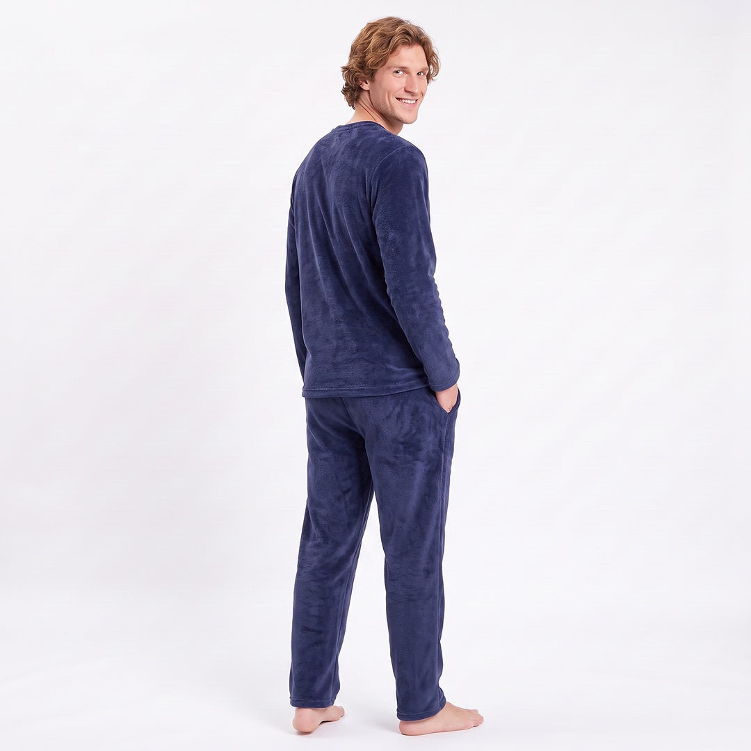 Pyjamas herr marinblå coral fleece – Gaubert pyjamasset bakifrån