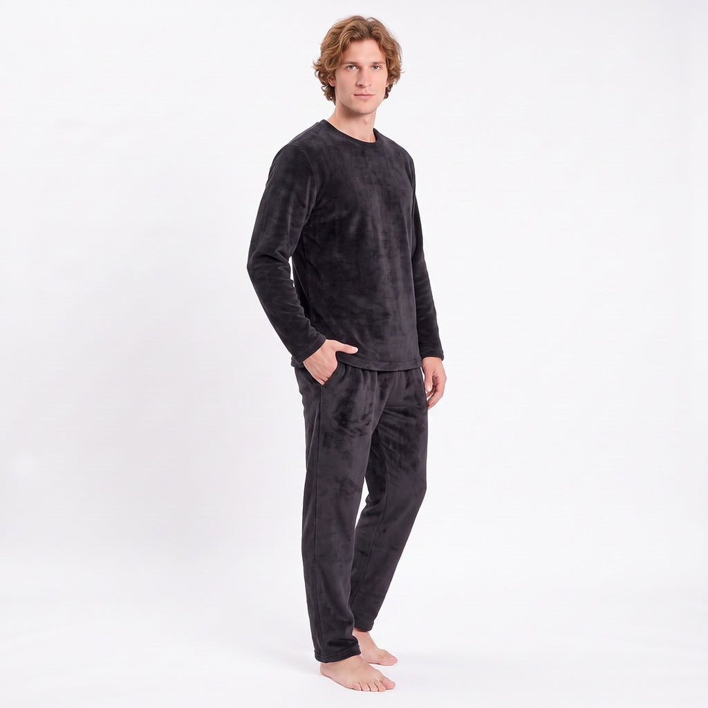 Varm svart pyjamas herr i coral fleece – tröja och byxor Gaubert