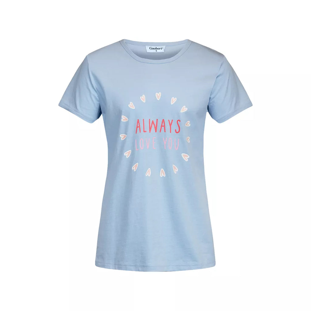 Ljusblå kortärmad pyjamastopp för dam med Always Love You-tryck från Gaubert®