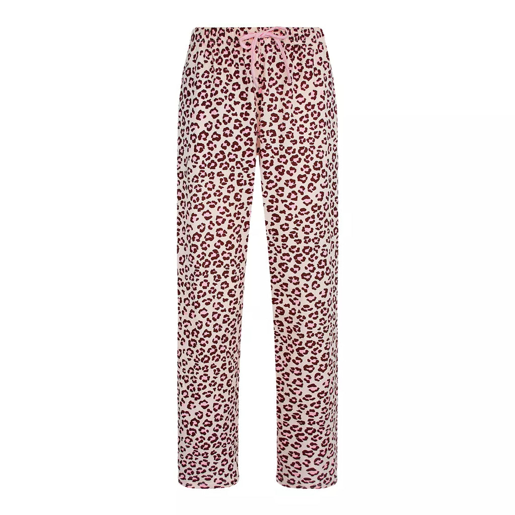 Leopardmönstrade pyjamasbyxor för dam i 100% bomull med dragsko och sidofickor