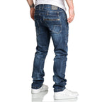 Stretch jeans herr - mörkblåa denim jeans bakifrån