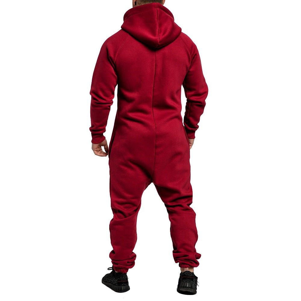 Supersköna unisex jumpsuits med luva - varm och gosig onesie vinröd bakifrån