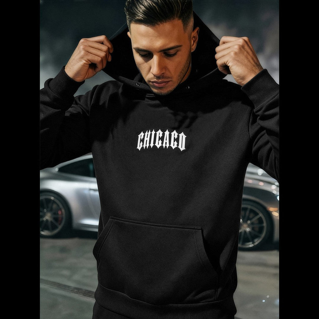 Svart hoodie för herr med Chicago-tryck och grafiskt motiv på ryggen