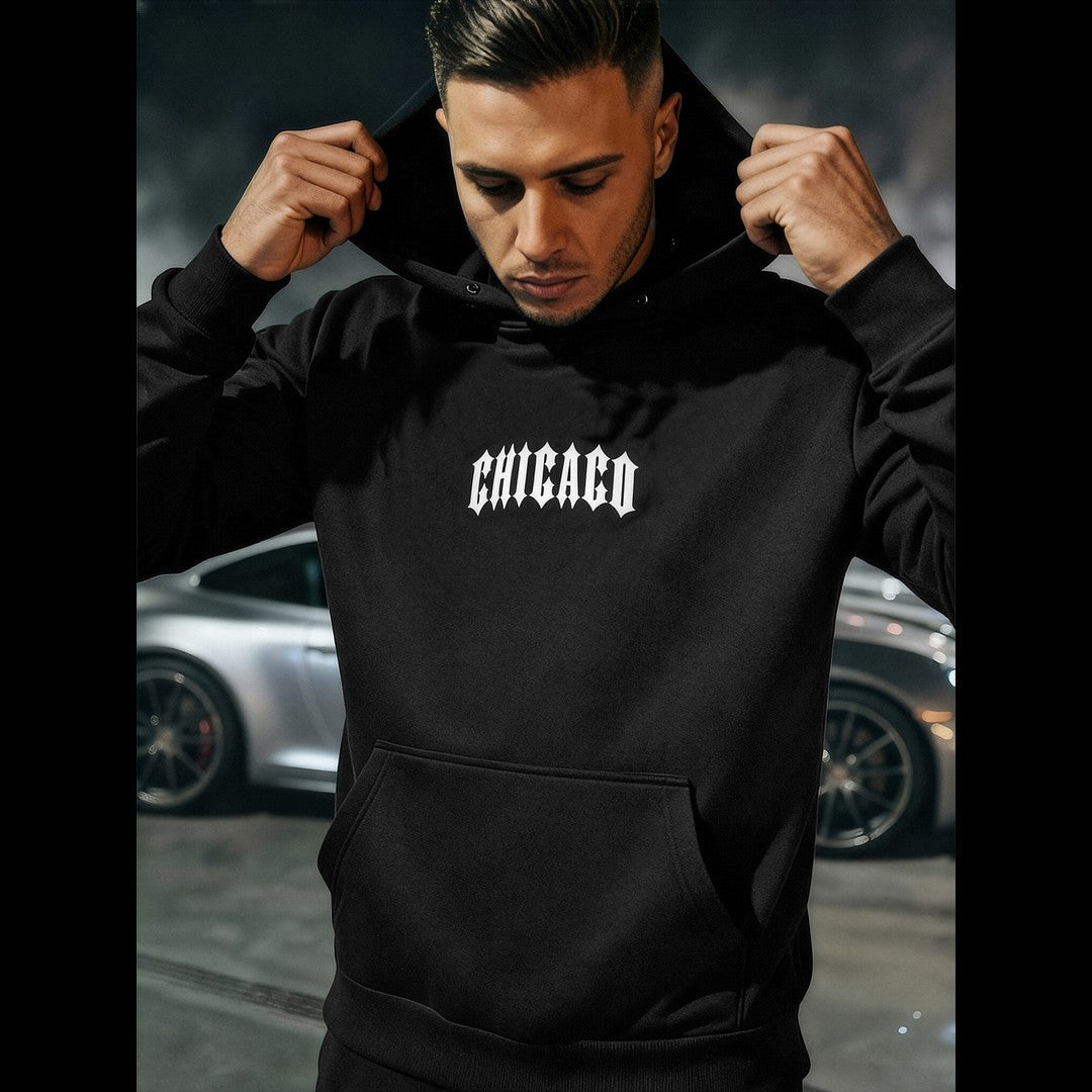 Svart hoodie för herr med Chicago-tryck och grafiskt motiv på ryggen
