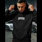 Svart hoodie för herr med Chicago-tryck och grafiskt motiv på ryggen