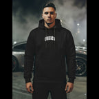 Svart hoodie för herr med Chicago-tryck och grafiskt motiv på ryggen - framifrån