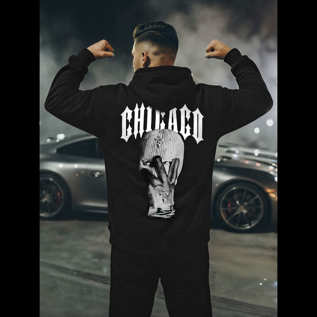 Svart hoodie för herr med Chicago-tryck och grafiskt motiv på ryggen - bakifrån