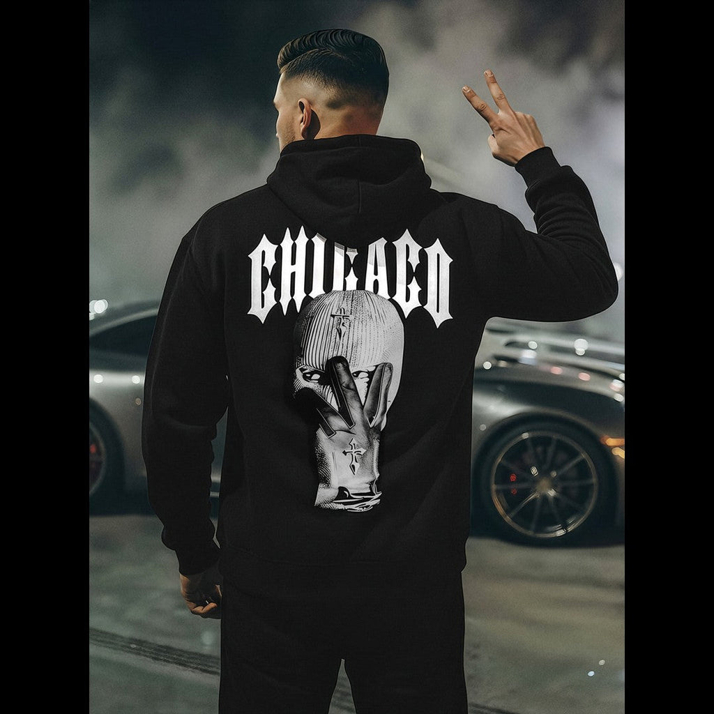 Svart hoodie för herr med Chicago-tryck och grafiskt motiv på ryggen - bakifrån peace