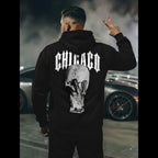 Svart hoodie för herr med Chicago-tryck och grafiskt motiv på ryggen - bakifrån peace