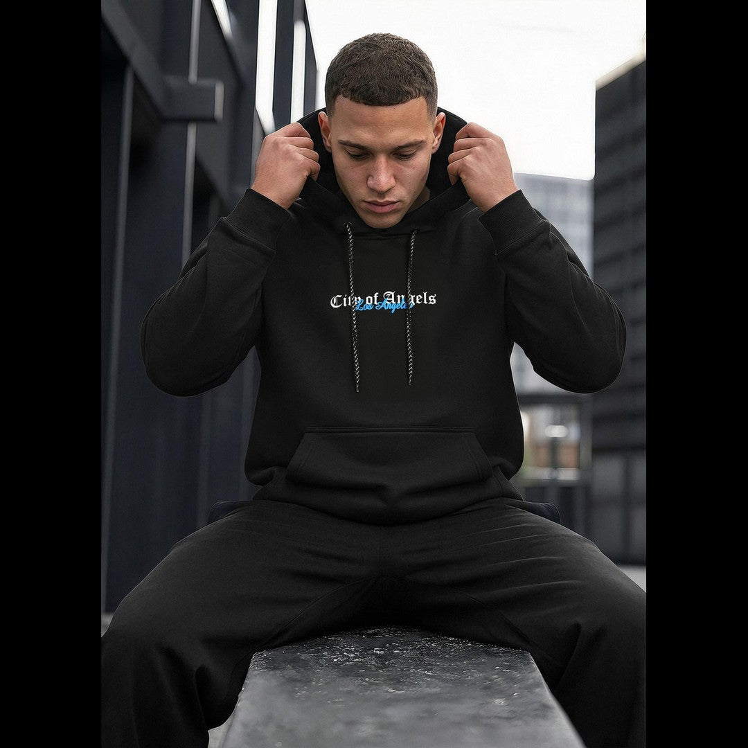 Svart hoodie för herr med City of Angels-tryck och grafiska vingar på ryggen - sittande
