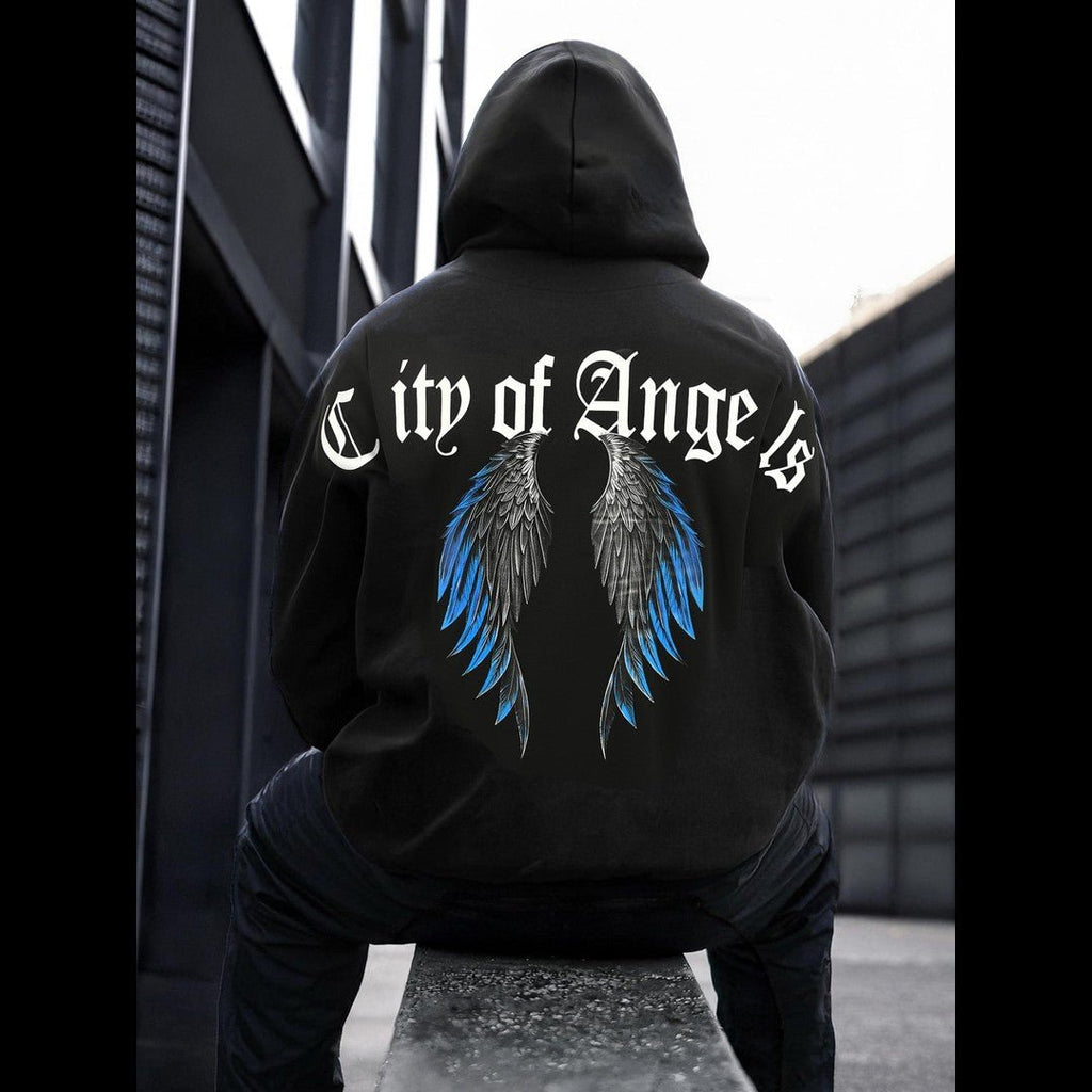 Svart hoodie för herr med City of Angels-tryck och grafiska vingar på ryggen -bakifrån