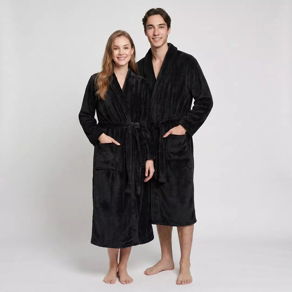 Gaubert® svart unisex morgonrock i coral fleece för dam och herr med extra lång passform.