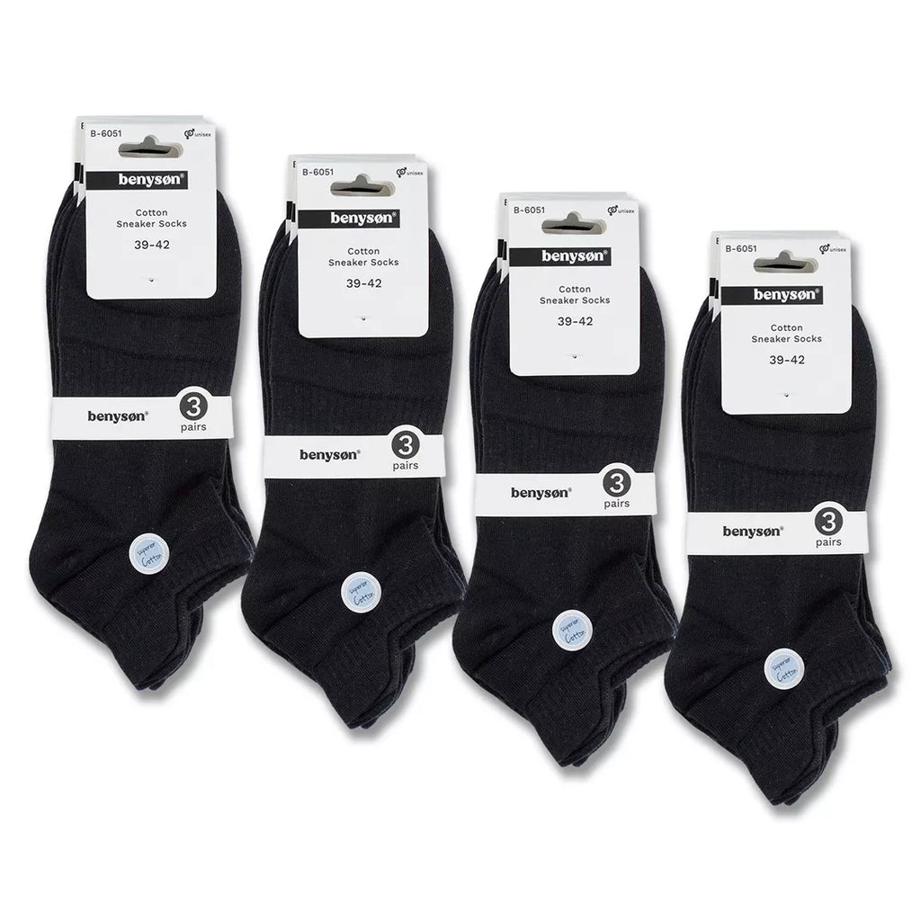 BENYSØN® 12-pack svarta bomullsstrumpor för sneakers med ventilerande mesh och fotvalvsstöd