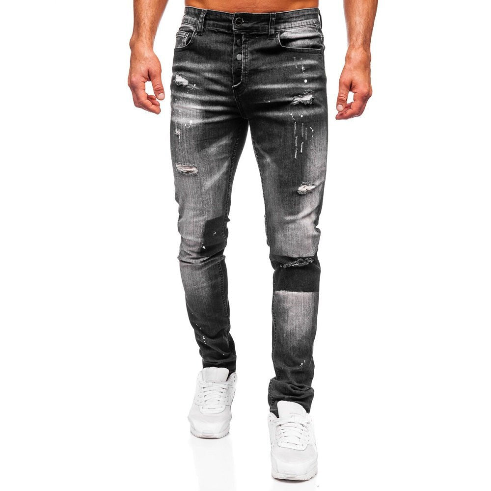 Slitna slim fit jeans - Svarta med målarfläckar