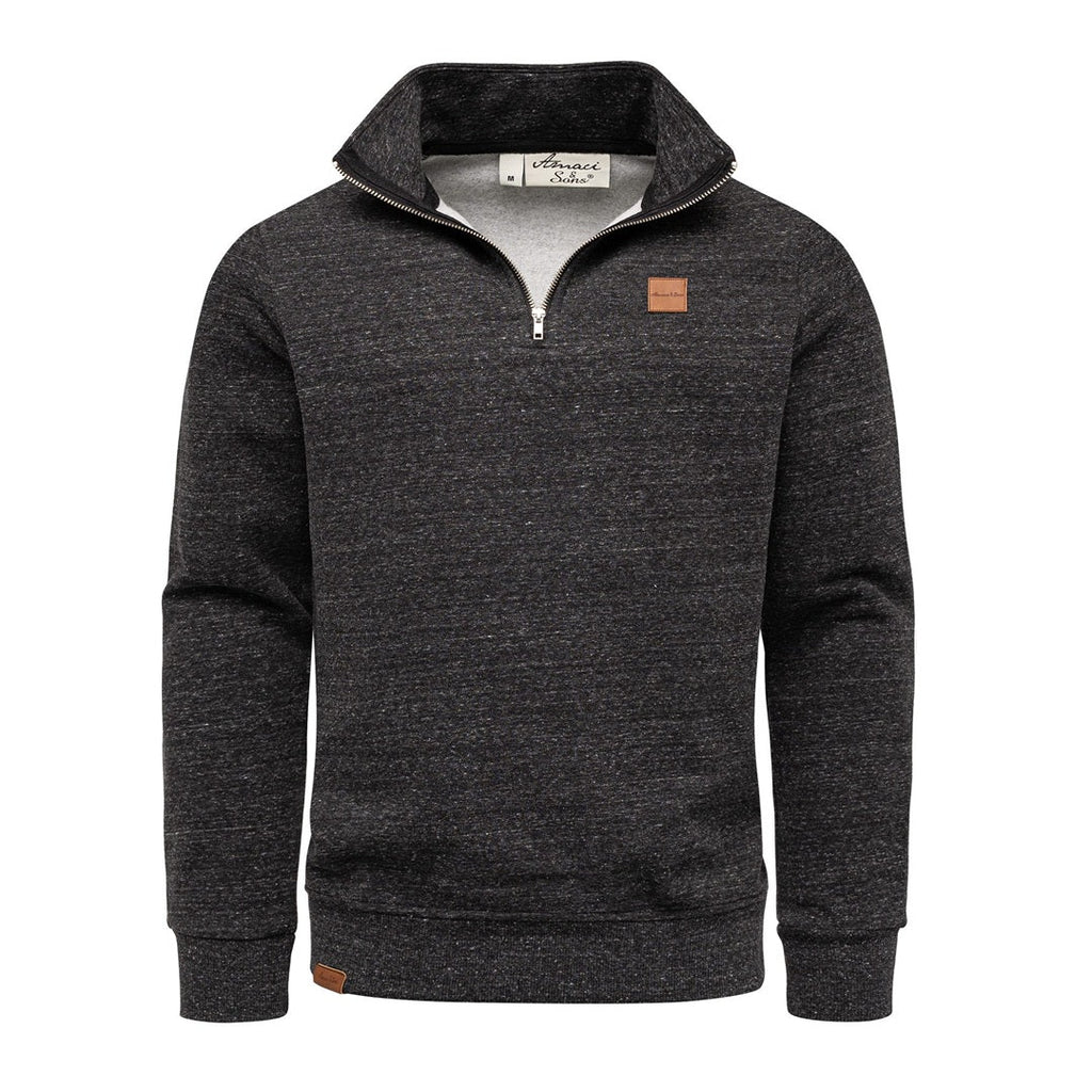 Svartmelerad half zip sweatshirt herr med hög krage från Amaci & Sons