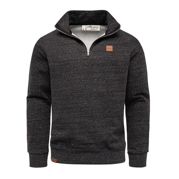 Svartmelerad half zip sweatshirt herr med hög krage från Amaci & Sons