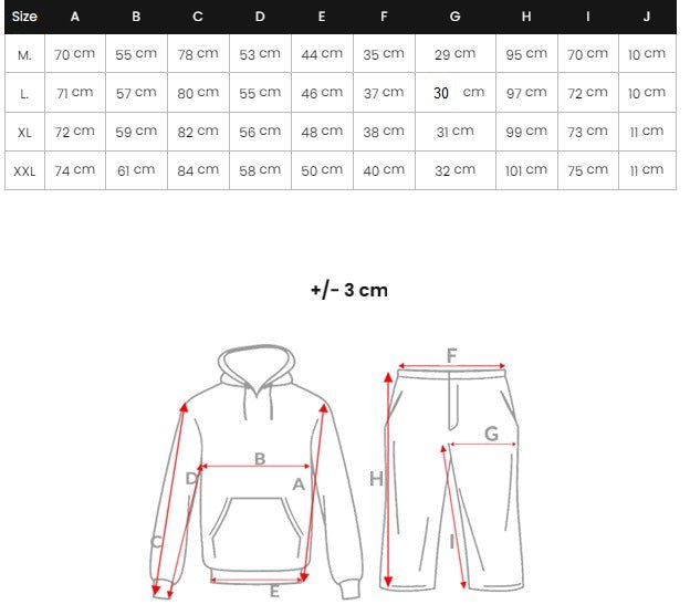 Träningsoverall herr med hoodie och joggingbyxor 549 kr - storlekstabell