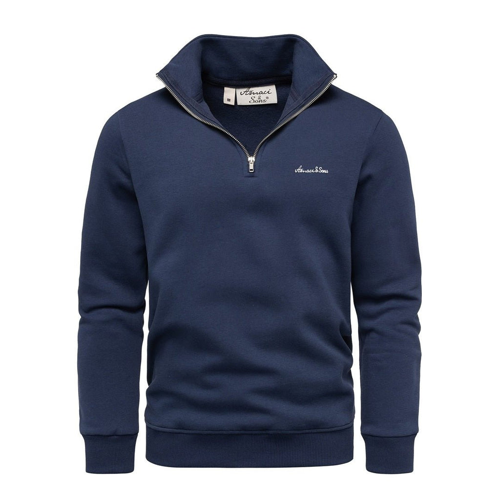 Mörkblå half zip tröja herr med hög krage – Amaci & Sons