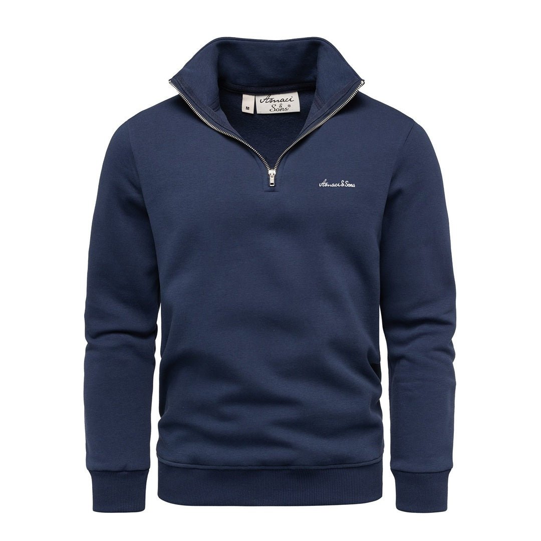 Mörkblå half zip tröja herr med hög krage – Amaci & Sons