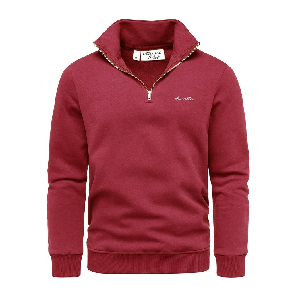 Vinröd half zip tröja herr med hög krage från Amaci & Sons