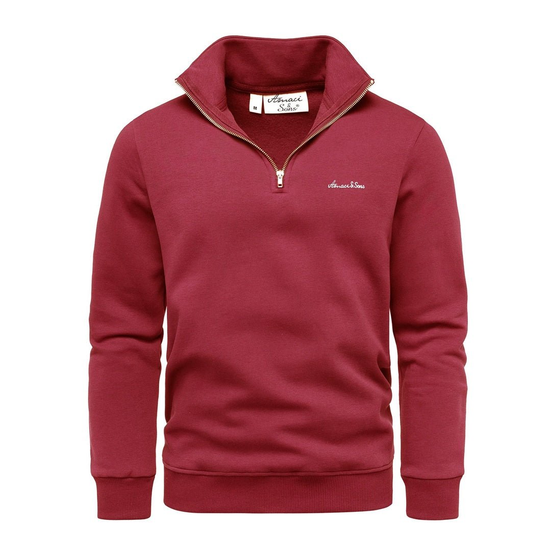 Vinröd half zip tröja herr med hög krage från Amaci & Sons