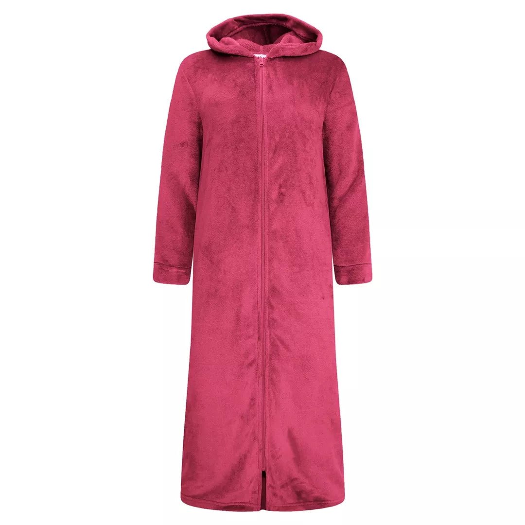 Vinröd extra lång morgonrock med dragkedja och luva för dam från Gaubert i mjuk Premium Coral Fleece.