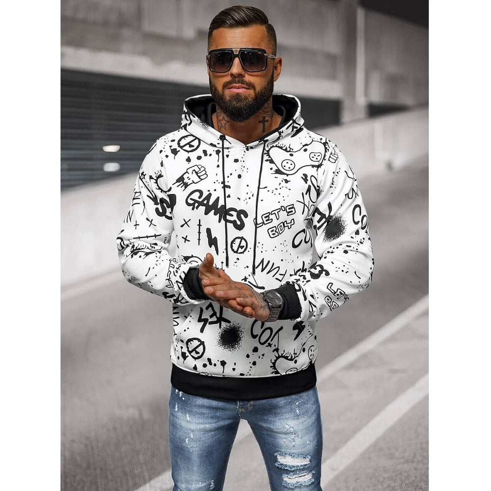 Vit billig hoodie med tryck runt hela tröjan