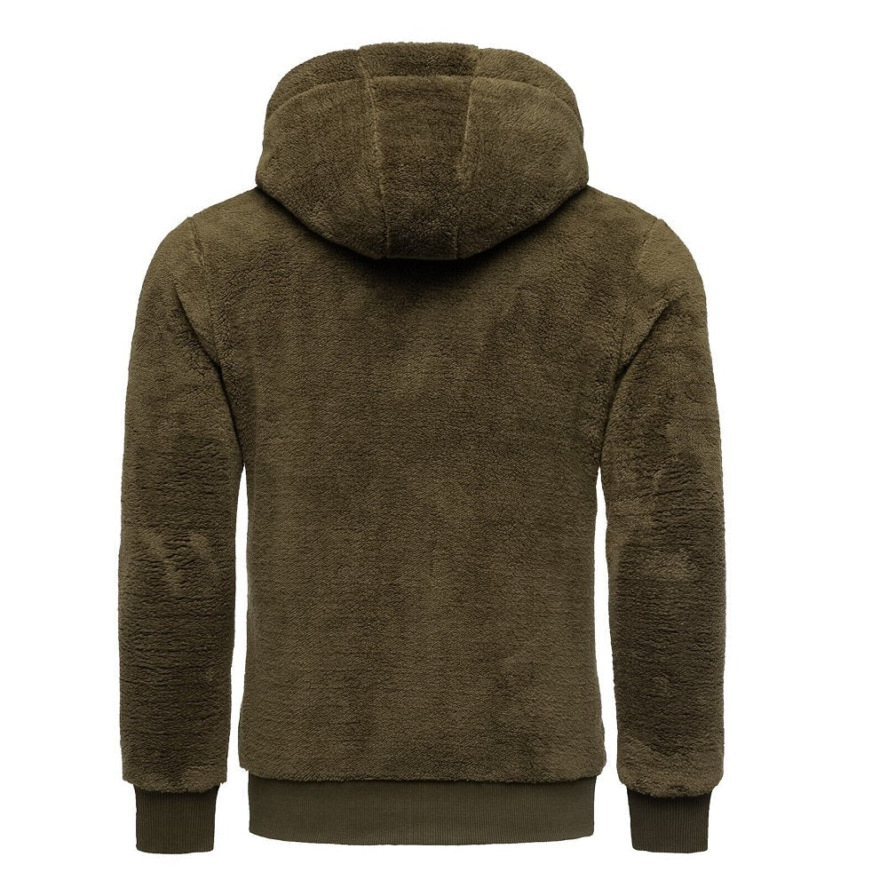 Zip huvtröja i fleece - kakigrön herrtröja med luva bakifrån